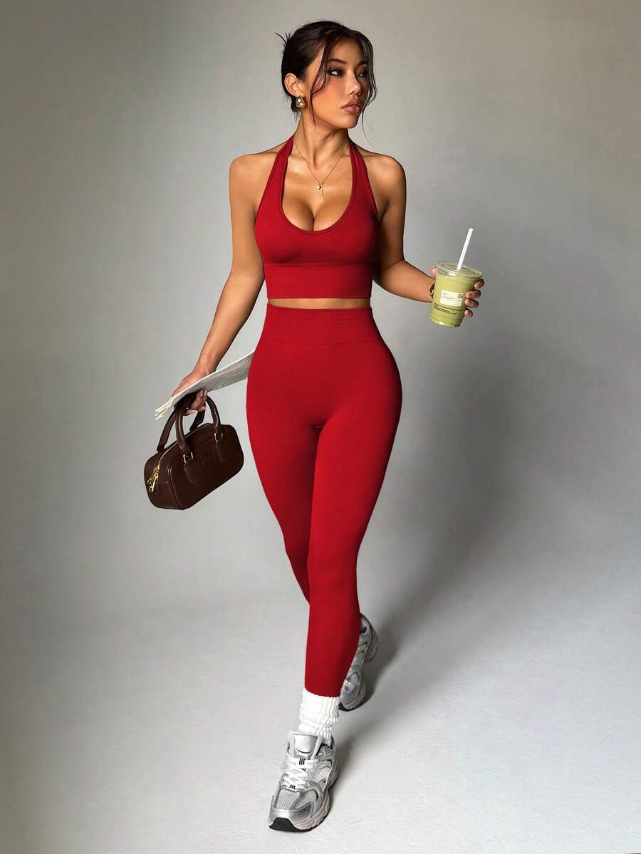 StreetHx Women's Casual Sports Solid Color Halter Neck Tank Top & Leggings Set - Red - View 1