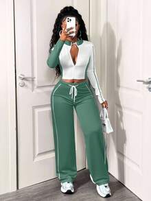 SHEIN BamGlam 女式休闲两件套，拼色设计，长袖拉链夹克和抽绳裤，秋季 - 綠色 - 查看 3