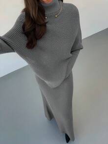 Aloruh Bộ 2 món áo len dệt kim màu tím dày mùa đông mới cho nữ, áo len dáng rộng, váy liền thân - Xám - Xem 4