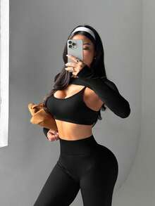 Dewbera Bộ đồ thể thao hai dây trơn màu + Áo dài tay hở lưng + Quần bó cạp cao cho nữ - màu đen - Xem 8