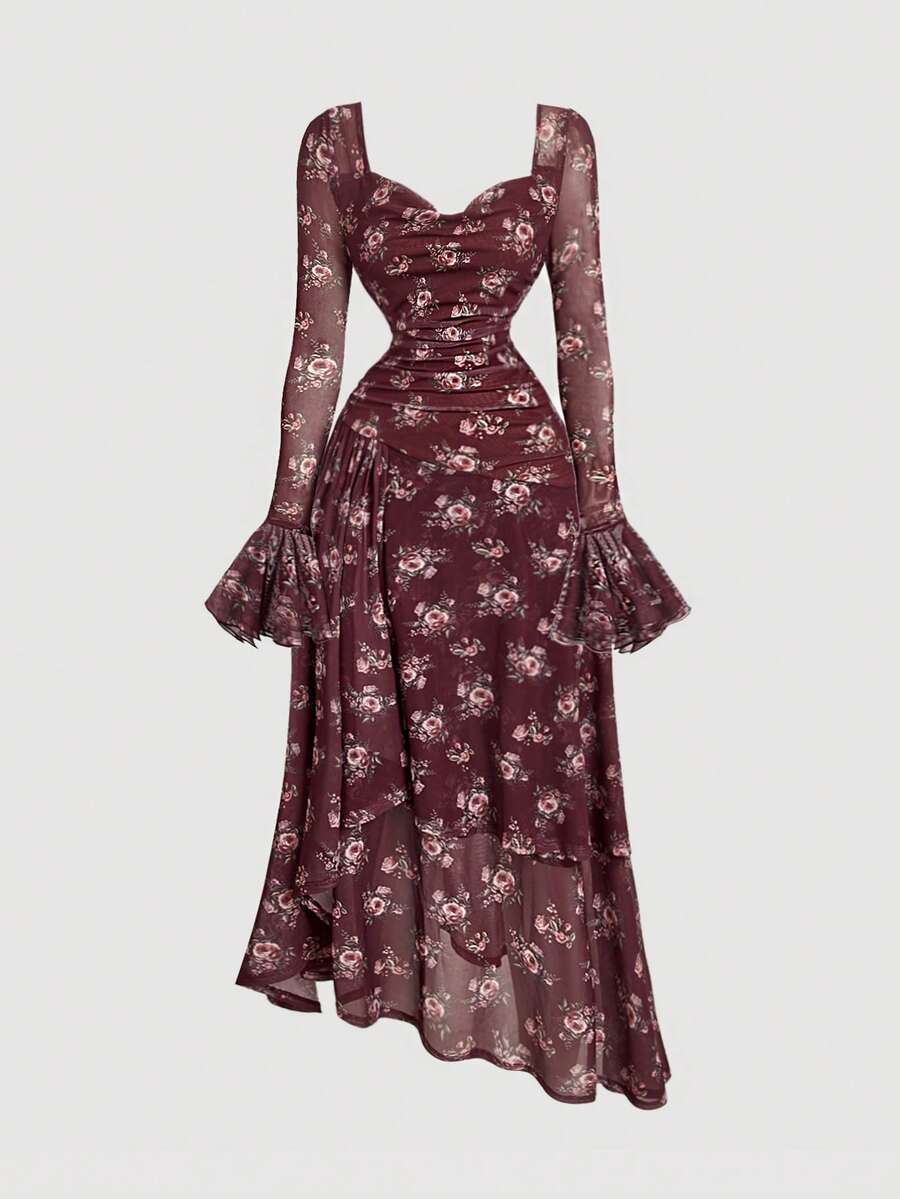 SHEIN MOD 荷叶边领长袖印花复古连衣裙，层叠荷叶边下摆，收腰设计，新年夜礼服，节日礼服，新年派对礼服，优雅婚纱，化装舞会礼服，节日服装