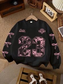 SHEIN Áo nỉ cổ tròn ấm áp, dễ thương, đa năng dành cho bé gái tuổi teen, in hình nơ và số 23, thích hợp cho mùa thu/đông. - màu đen - Xem 3