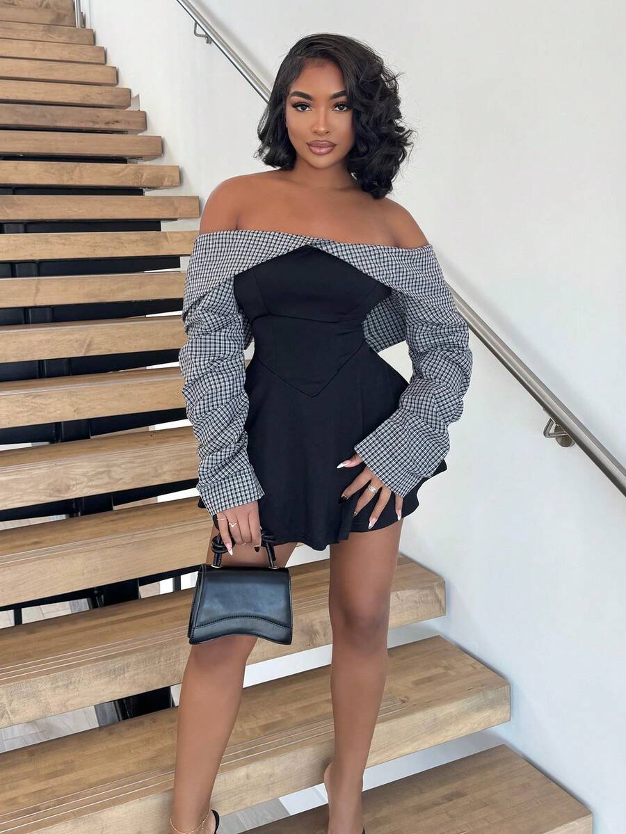 Alexandranx Kvinnors höst/vinter Collegiate Style Minimalistisk Bardot Ruched Midja Kontrastfärgad miniklänning, figursmickrande - Svart - Visa 1