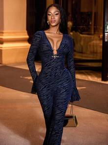 Lureya Women's Fashion Deep V-Neck Metal Button Decor Sexy Bodycon Long Sleeve Ruffle Cuff Zebra Velvet Jumpsuit, Elegant Party Outfit - Multicolor - View 5