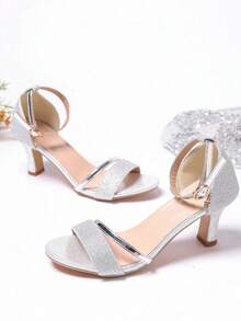 Sandalia de mujer brillo elegante punta abierta pulsera tobillo tacón medio estilo fiesta para eventos y noches - Plateado - Ver 8