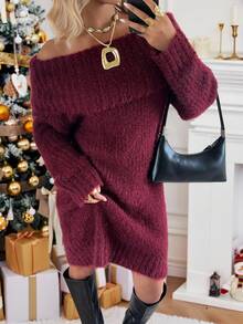 SHEIN EZwear 时尚露肩针织连衣裙，酒红色 - 酒紅色 - 查看 1