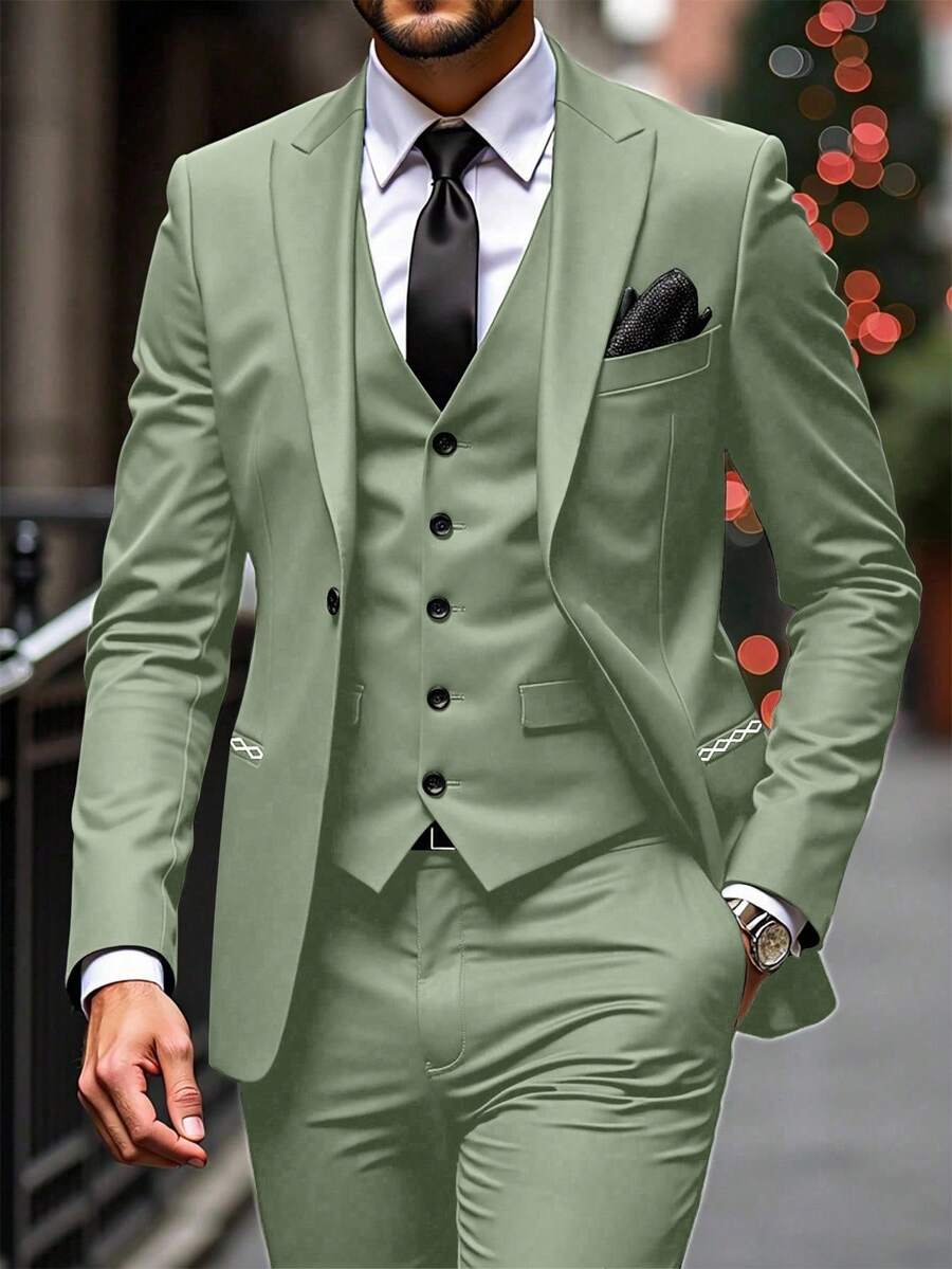 Manfinity Mode 男士纯色翻领长袖西装外套和裤子休闲西装套装男士婚礼服装男士西装男士婚礼西装男士婚礼西装男士时尚西装 - 綠色 - 查看 1