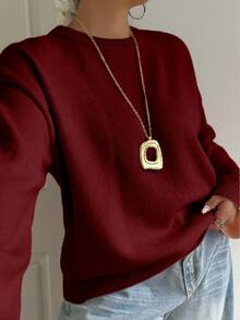 POPSWAY 大码女式纯色圆领长袖休闲舒适高弹针织套头毛衣，适合日常通勤、室内外穿着，是万圣节和圣诞节的完美节日礼物。舒适休闲，大码酒红色常规下摆纯色针织套头毛衣，罗纹针织细节，圆领休闲风格。 - 酒紅色 - 查看 4