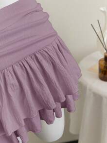 Elamini 米色褶皱高腰低腰双层雪纺半身裙，度假风迷你裙 - 紫色 - 查看 5