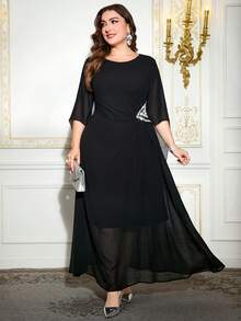 Reflora Elegant Black Plus Size Dress With Round Neck And Long Sleeves Semi Sheer Twist Detail A Line Mermaid Hem Long Length Plain Knitted Fabric For Women - Black - View 3