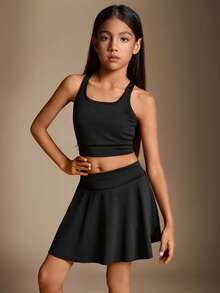 Radiana Tween Girl's Casual Tennis Knitted Solid Color Tank & Skort Set, Spring/Summer - Black - View 7
