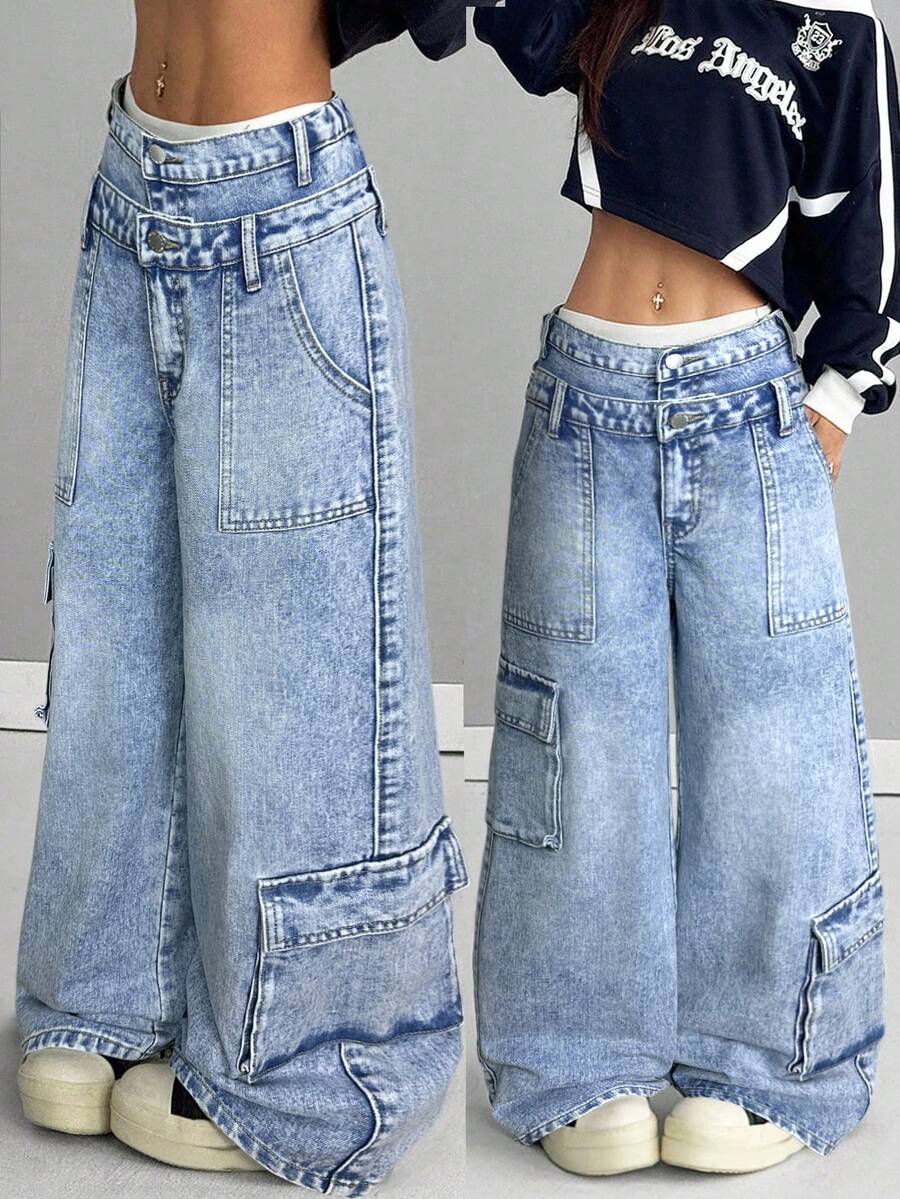 SHEIN Tween GirlsFashion Casual Y2K Retro Cool Dual-Layer Waistband Cargo Pocket Comfortable Nostalgic Loose Blue Denim Jeans - Blue - View 1