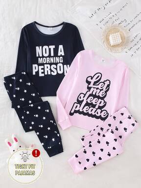 Teen Girls Loungewear  Set, Snug Fit  4-Piece Set Combo - Black Pink English Letter Pajamas Temperature Color Change English Letter Star Heart Print Crew Neck Design Black Pink Personality English Letter Color Elastic Fitted Fabric Long Sleeve Crew Neck Fitted Top Cuffed Pants English Letter Star Heart Combo Social Media Style Personality English Letter Spring Summer Autumn Winter Holiday Essential Teen Girls Loungewear