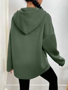 EMERY ROSE Women's Casual Mint Green Hooded Long Sleeve Sweatshirt With Half Placket Zipper And Drop Shoulder Design - Mint Green - View 2