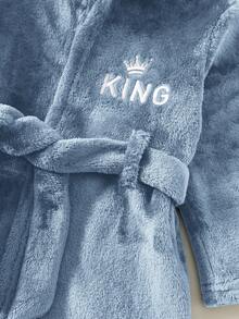 SHEIN Newborn Baby Boy Cute Fluffy Letter Pattern Blue Hooded Robe Sleepwear - Dusty Blue - View 4