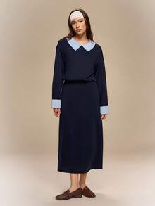 Hanevo Long Sleeve Casual Striped Collared Dress With Button Back, Suitable For Autumn, Winter, Spring - Royal Blue - View 7
