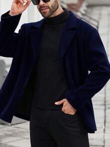 Manfinity Mode 加大码男士长袖纯色单排扣外套，适合秋季通勤 - 藏蓝色 - 查看 6