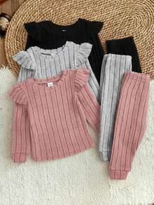 LMoss Kids 2pcs Baby Girl Solid Color Crew Neck Ruffle Trim T-Shirt And Leggings Set  Fashion - Multicolor - View 1