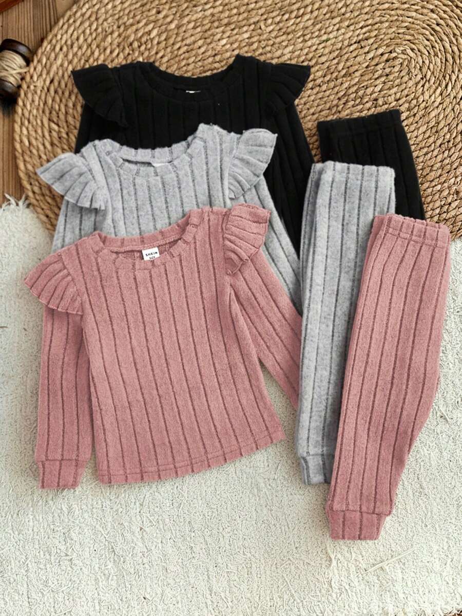LMoss Kids 2pcs Baby Girl Solid Color Crew Neck Ruffle Trim T-Shirt And Leggings Set  Fashion - Multicolor - View 1