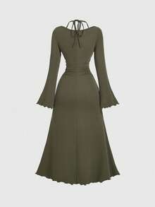 SHEIN MOD 女式优雅纯色喇叭袖收腰长裙，秋季 - 軍綠色 - 查看 2