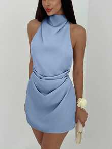 Aloruh Váy mini xếp ly hở lưng tối giản màu mơ dành cho nữ - Màu xanh bụi bặm - Xem 5