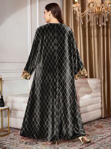 SHEIN Najma Váy maxi dài tay cổ chữ V họa tiết bướm và lá cỡ lớn dành cho nữ, kiểu dáng abaya nhung thanh lịch, mùa xuân/thu - Nhiều màu - Xem 2