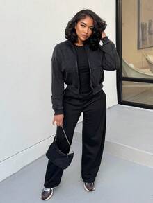 Alexandranx 水洗拉链运动衫 接缝细节 返校 秋冬 舒适 秋季 可爱 休闲 日常 胶囊衣橱 Y2K 街头服饰 圣诞节 - 黑色 - 查看 4