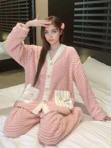 Conjunto de Pijamas de Mujer de Pelo de Coral Rosa con Diseño Cartoon, Pijamas Mujeres, Pijamas de Mujer, Regalo de Navidad - Rosa Pálido - Ver 4