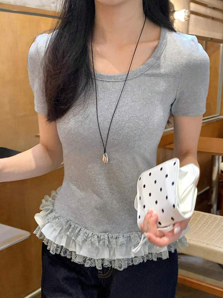 Women's Solid Color Round Neck Short Sleeve Ruffle Hem T-Shirt