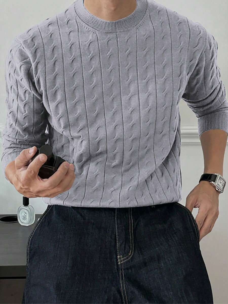 Manfinity Homme 男士休闲日常通勤简约纯色绞花针织毛衣，秋冬款 - 淺灰色 - 查看 1