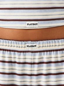 Missguided x Playboy 罗纹条纹两件套搭配长袖露脐上衣和阔腿裤家居服 - 彩色 - 查看 4