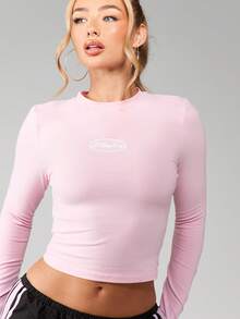 Missguided x Playboy Crop top de cuello redondo de manga larga con detalle de logo bordado para uso casual diario en otoño e invierno - Rosa - Ver 3