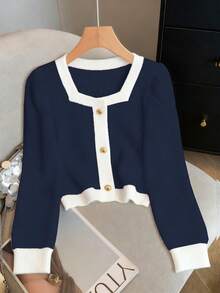 Franclia European & American Style Blogger Same Elegant Metal Buckle Contrast Color Square Collar Fitted Puff Sleeve Pullover Sweater - Navy Blue - View 5