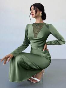 Firerie Váy dạ hội tốt nghiệp đính sequin gợi cảm thanh lịch mùa thu/đông mới, váy bó sát bằng vải satin lưới vá dài tay cổ khoét sâu màu xanh ô liu, thích hợp cho lễ hội âm nhạc, khách dự tiệc cưới, tiệc tùng - Màu xanh Ô liu - Xem 6