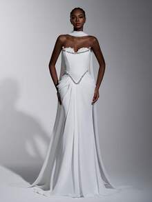 Elitara 优雅蕾丝拼接雪纺二合一心形领口美人鱼婚纱，带荷叶边拖尾 - 白色 - 查看 7