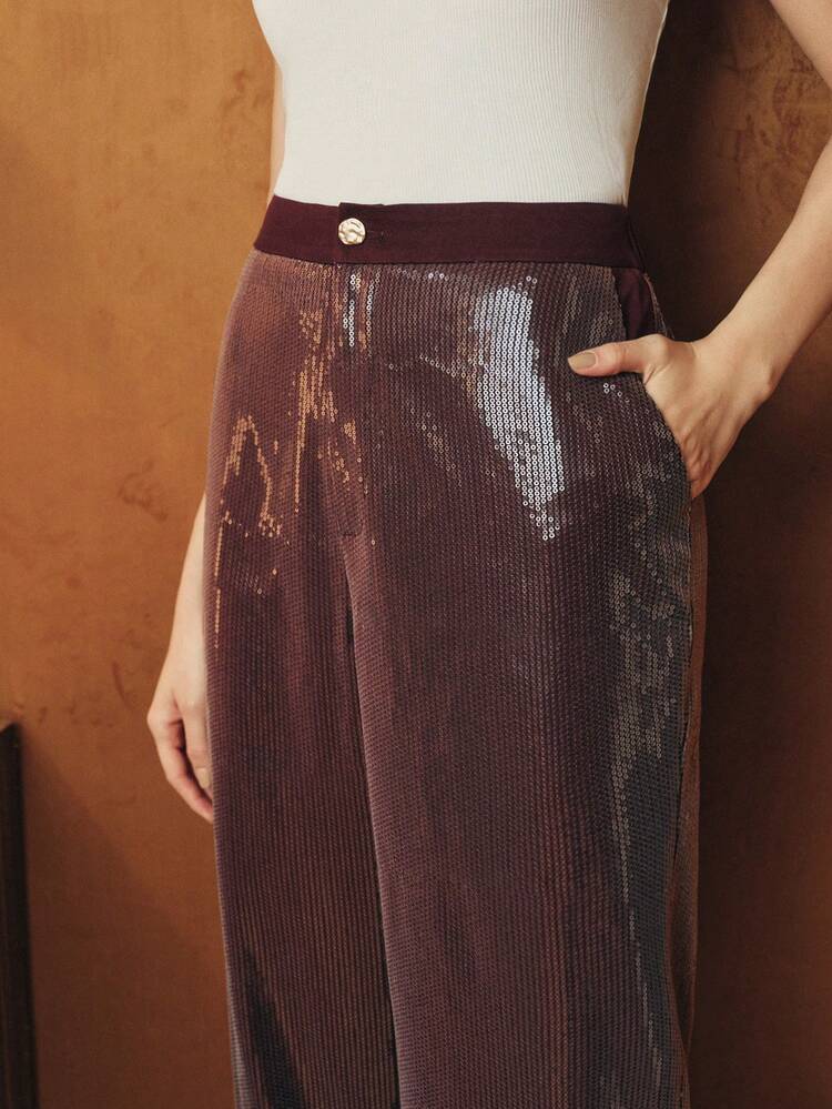 Anewsta Calça feminina de corte reto e modelagem solta com detalhes em lantejoulas, moderna e elegante. - Borgonha - Ver 2