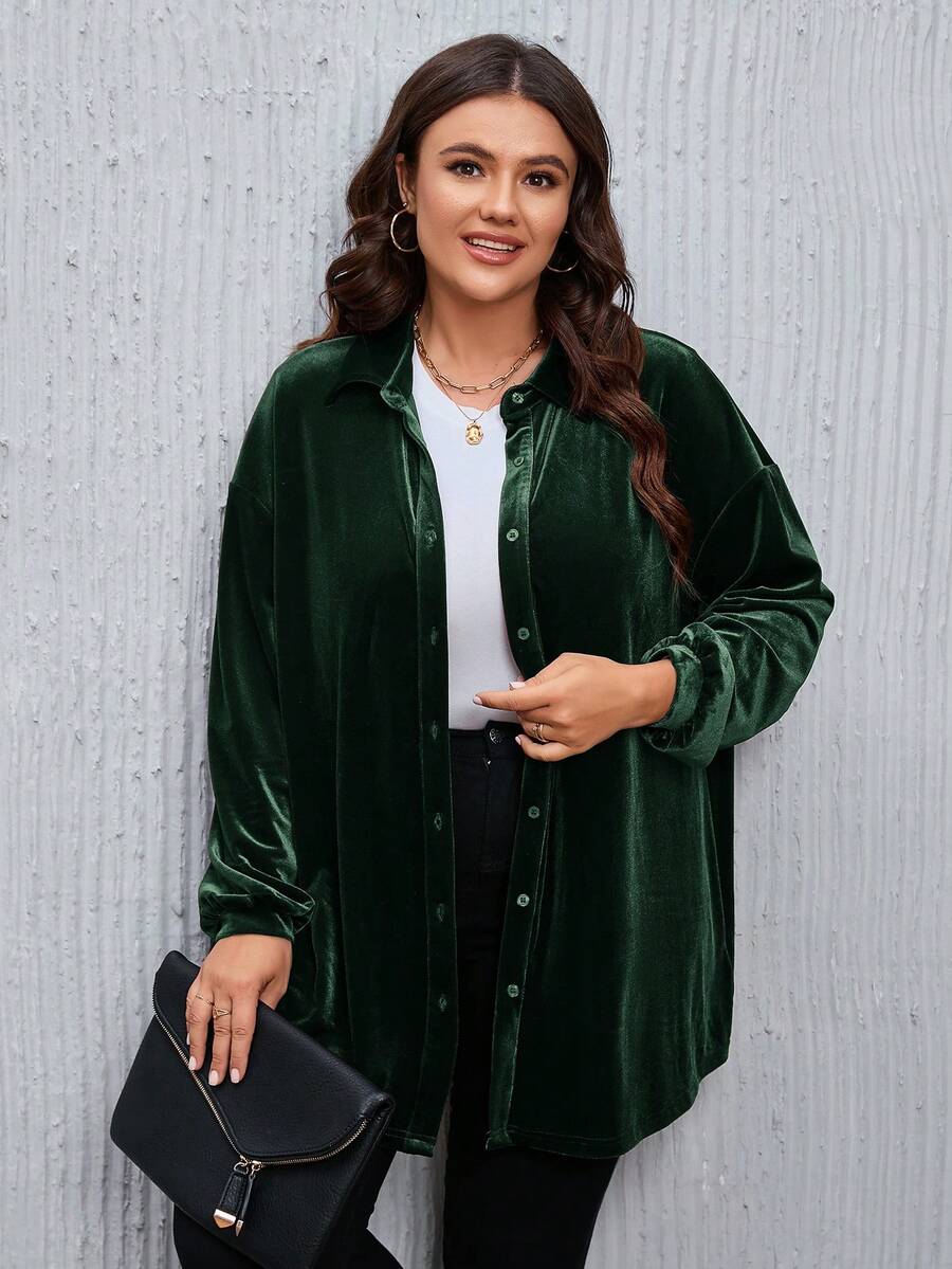 SHEIN LUNE Plus Size Solid Color Drop Shoulder Long Sleeve Front Button Loose Casual Versatile Shirt Plus Size Winter Clothes 8xl Women Clothes Plus Size Jacket Plus Size Cardigans Plus Size Fall Clothing - Army Green - View 1