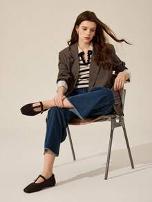 女士休闲百搭通勤简约搭扣平底鞋 - 咖啡棕 - 查看 2