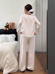 SHEIN Côtesoire Women's Apricot Square Neck Hollow Lace Trim Bow Tie, Soft & Comfortable Polka Dot Print Milk Silk Fabric Long Sleeve Pajama Set, Elegant & Romantic Loungewear Polka Dot Pajama Set Cute Sleep Wear Women - Apricot - View 3