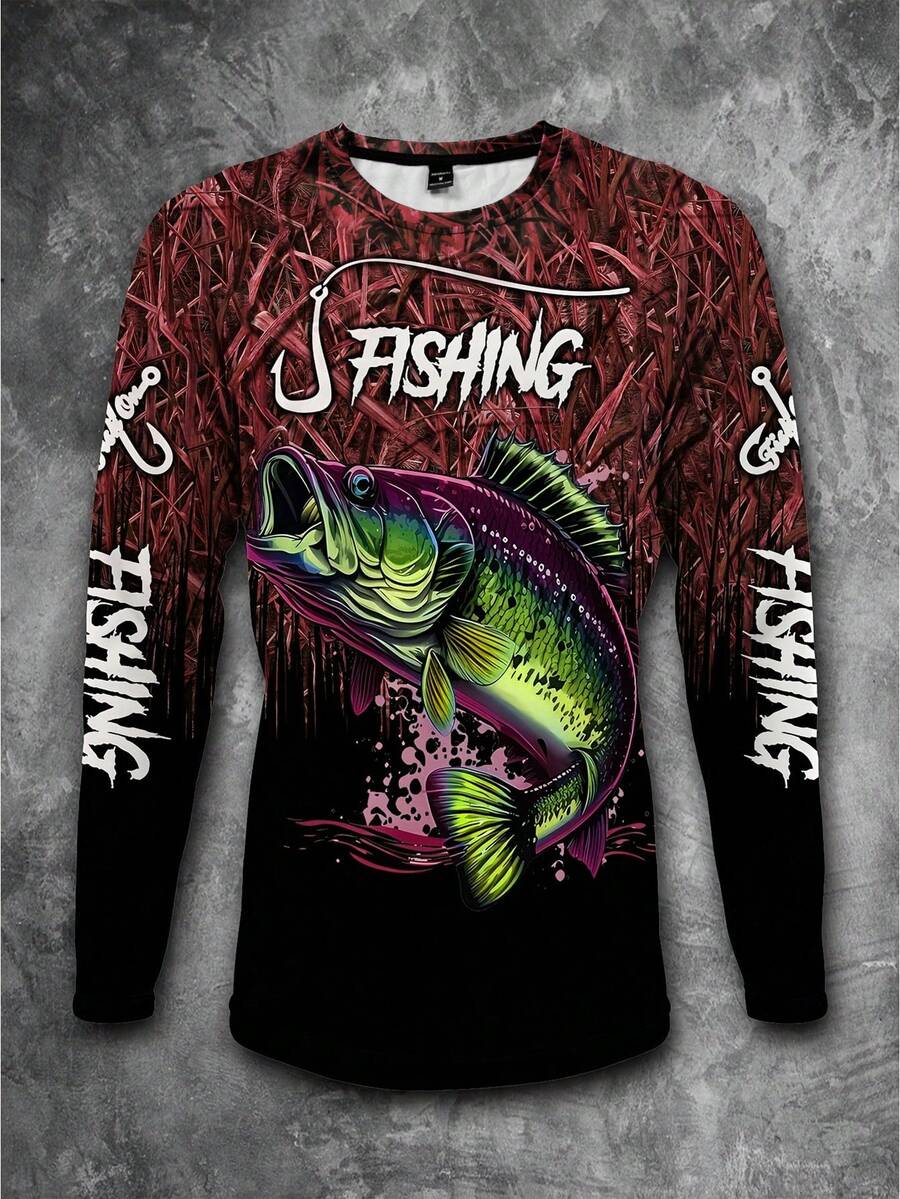 Manfinity Homme Men's Long Sleeve Casual Fishing Shirt - 3D Fish Print, Round Neck, Polyester, Black & Blue Gradient, Ideal For Outdoor Activities, Fishing Accessory Fishing Shirts Fishing Hoodie Men Fishing Shirt Long Sleeve Fishing Shirt Graphic Fishing Shirt.A Great Gift For A Boyfriend Or Husband.