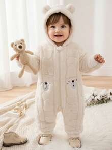 SHEIN Newborn Baby Girl Cute Apricot Fuzzy Cartoon Pattern Hooded Jumpsuit, Autumn/Winter - Multicolor - View 2