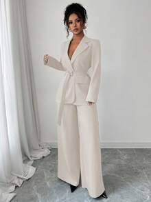 Elenzga 2025 Spring/Autumn New Fashion Elegant Casual/Office Commute Metal Buckle Waist Long Sleeve Jacket + Straight Loose Wide Leg Pants Suit Set - Apricot - View 3