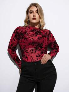Maija 女式加大码花卉印花透视高领衬衫（无胸罩），适合城市通勤、商务休闲、办公室穿着，优雅的圣诞派对、新年庆祝活动，红色上衣 - 紅色 - 查看 5