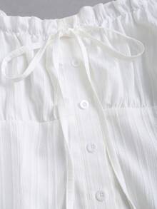 Sweetra Women's White Brick Pattern Collar Cinched Waist Ruffle Tie Cuff Long Sleeve Blouse - White - View 4