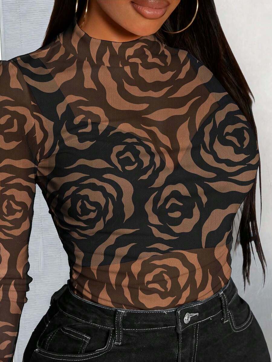 Slaydiva Quần áo gợi cảm/Quần áo lưới trong suốt/Quần áo Y2k/Thời trang dạo phố/Trang phục dự tiệc/Áo thun lưới cổ cao tay dài dành cho nữ/Áo lưới đen/Họa tiết hoa hồng - Nhiều màu - Xem 1