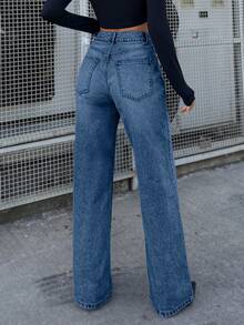 SHEIN Cottnline Women's Casual Commuting Simple Solid Color High Waist Straight Leg Jeans - Medium Wash - View 2