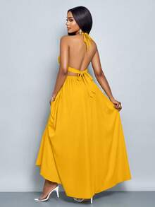 SOLERSUN 女士纯色露背吊带V领度假沙滩交叉系带露背长裙度假沙滩装 - 黃色 - 查看 2
