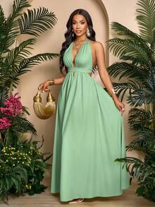 SOLERSUN Đầm Maxi hở lưng buộc chéo cổ chữ V màu trơn cho nữ đi nghỉ dưỡng đi biển - Màu xanh Bạc hà - Xem 6