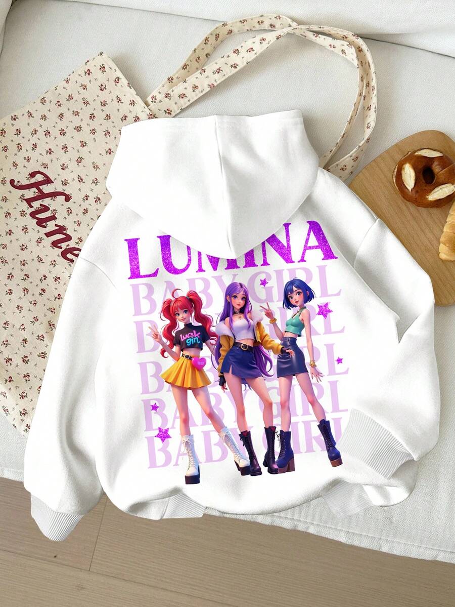 SHEIN Leap Crew 白色韩流卡通少女肖像休闲舒适加厚柔软长袖卫衣,适合秋冬季日常穿着、外出、街头风、校园穿搭。 - 白色 - 查看 1