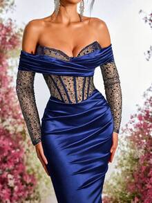 Glamrae 优雅奢华的露肩亮片珍珠装饰弹力针织美人鱼裙，适合婚礼、派对、度假、盛会、正式场合（重磅款） - 藏蓝色 - 查看 3